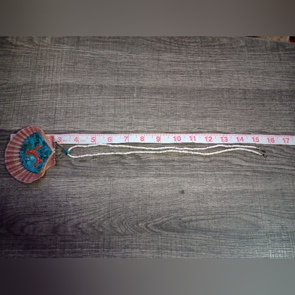Antique Handcrafted Turquoise and Coral Shell Pendant Necklace - Picture 4 of 7
